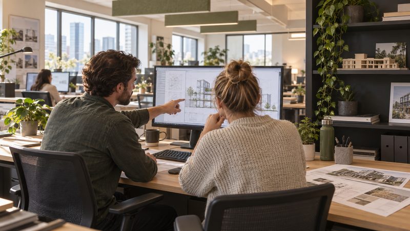 Representative colleagues reviewing digital drawings in an office