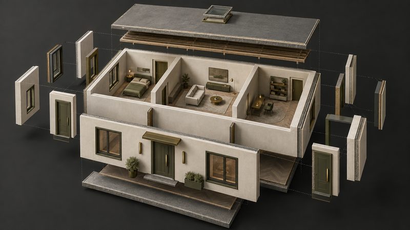 Illustrative building model with defined walls, rooms, and floors